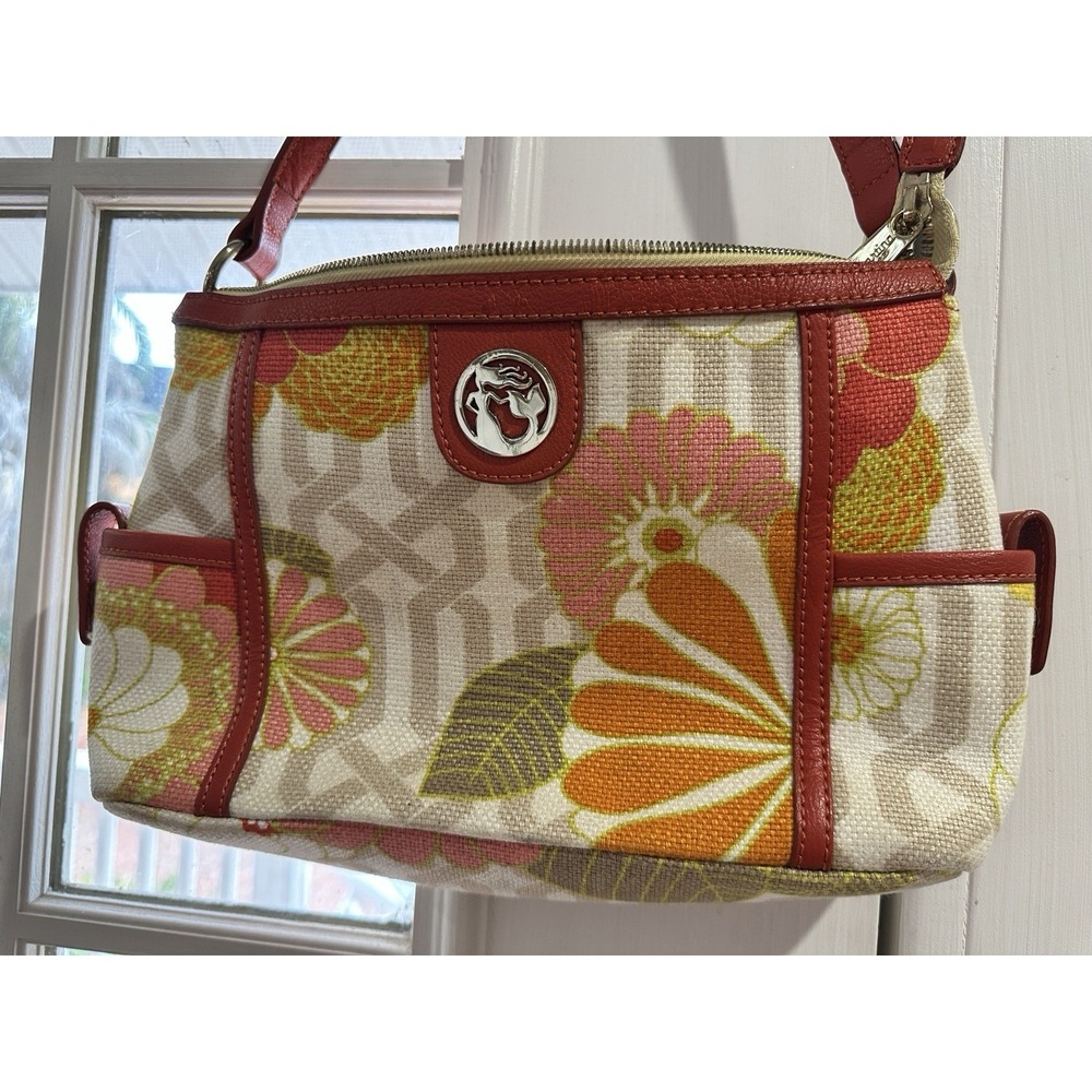 Spartina 449 Floral Linen Shoulder Bag Red Leather Trim Daufuskie Island 13x8 In